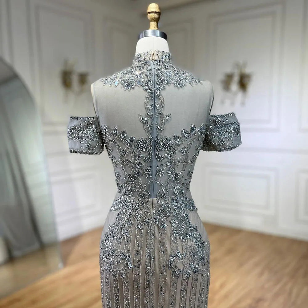 Vestidos de noche de lujo estilo sirena, color plata, nude, con cuentas y cristales, estilo árabe, para mujer, ideales para bodas y fiestas (LA72411) 