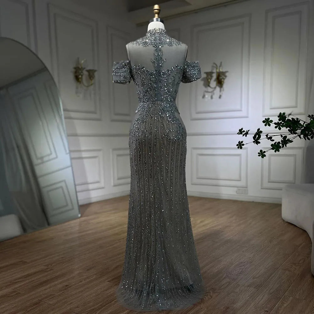 Vestidos de noche de lujo estilo sirena, color plata, nude, con cuentas y cristales, estilo árabe, para mujer, ideales para bodas y fiestas (LA72411) 