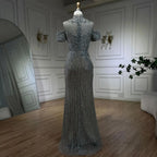 Vestidos de noche de lujo estilo sirena, color plata, nude, con cuentas y cristales, estilo árabe, para mujer, ideales para bodas y fiestas (LA72411) 