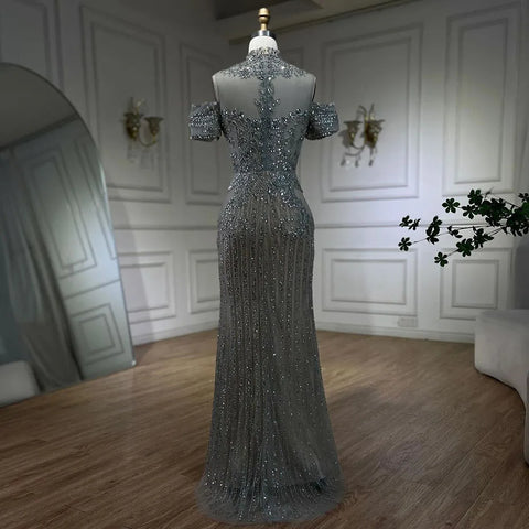 Robe de soirée de luxe style sirène, couleur argent, couleur chair, perles et cristaux, style Dubaï, pour femme, tenue de mariage, LA72411 