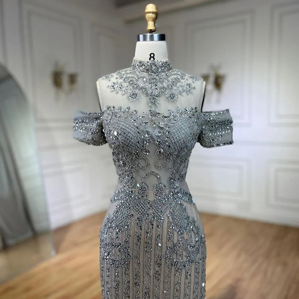 Vestidos de noche de lujo estilo sirena, color plata, nude, con cuentas y cristales, estilo árabe, para mujer, ideales para bodas y fiestas (LA72411) 