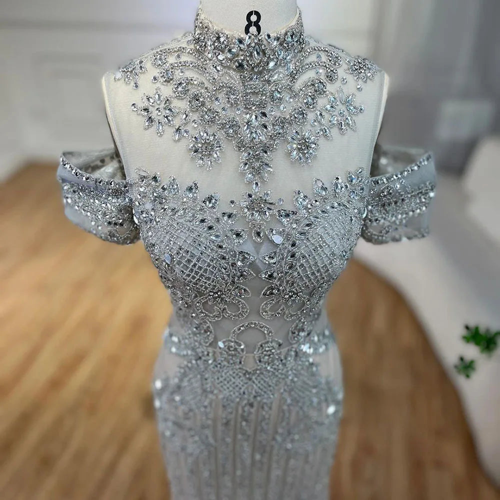 Vestidos de noche de lujo estilo sirena, color plata, nude, con cuentas y cristales, estilo árabe, para mujer, ideales para bodas y fiestas (LA72411) 