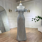 Vestidos de noche de lujo estilo sirena, color plata, nude, con cuentas y cristales, estilo árabe, para mujer, ideales para bodas y fiestas (LA72411) 