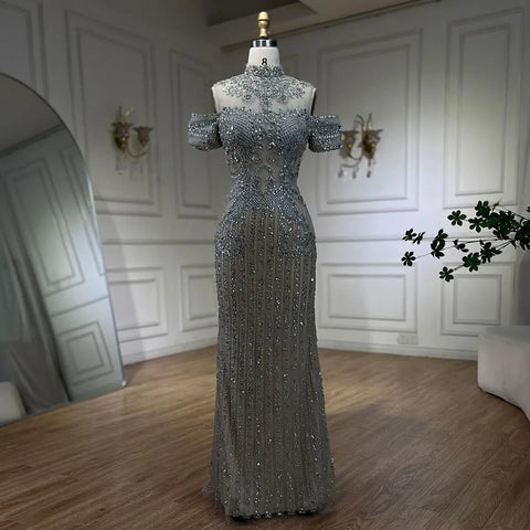 Robe de soirée de luxe style sirène, couleur argent, couleur chair, perles et cristaux, style Dubaï, pour femme, tenue de mariage, LA72411 