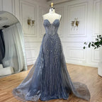 Vestido de noche rosa sirena con tirantes finos estilo árabe, con sobrefalda y cuentas, ideal para bodas y fiestas (LA72451) 