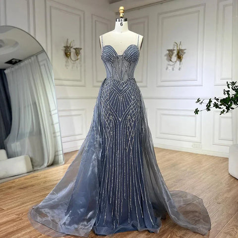 Vestido de noche rosa sirena con tirantes finos estilo árabe, con sobrefalda y cuentas, ideal para bodas y fiestas (LA72451) 