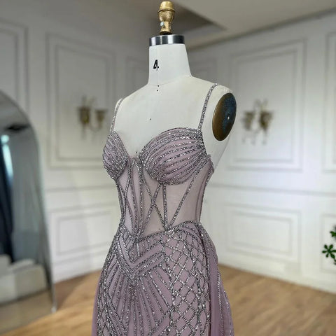 Vestido de noche rosa sirena con tirantes finos estilo árabe, con sobrefalda y cuentas, ideal para bodas y fiestas (LA72451) 