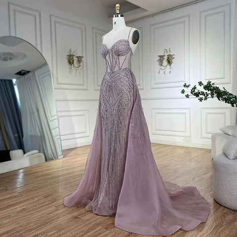 Vestido de noche rosa sirena con tirantes finos estilo árabe, con sobrefalda y cuentas, ideal para bodas y fiestas (LA72451) 