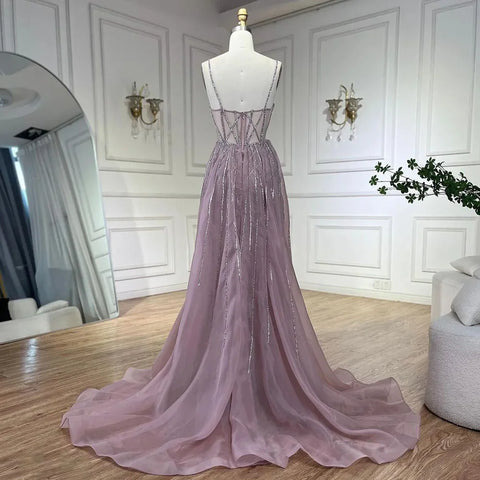 Vestido de noche rosa sirena con tirantes finos estilo árabe, con sobrefalda y cuentas, ideal para bodas y fiestas (LA72451) 
