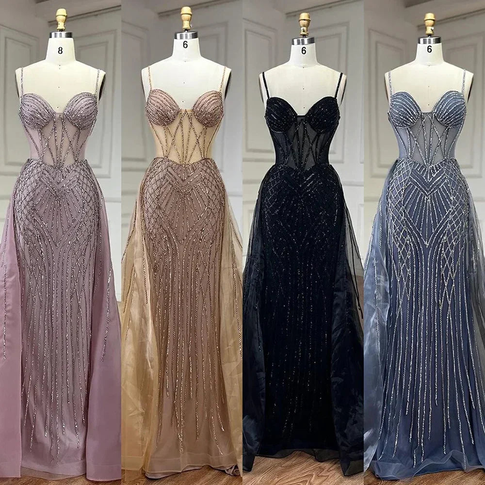 Vestido de noche rosa sirena con tirantes finos estilo árabe, con sobrefalda y cuentas, ideal para bodas y fiestas (LA72451) 