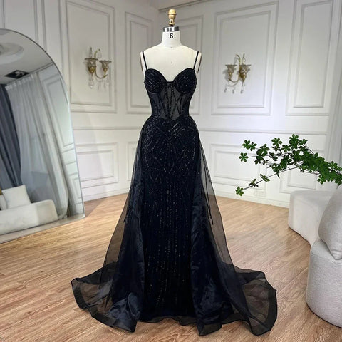 Vestido de noche rosa sirena con tirantes finos estilo árabe, con sobrefalda y cuentas, ideal para bodas y fiestas (LA72451) 