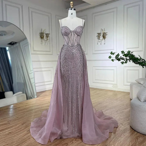 Vestido de noche rosa sirena con tirantes finos estilo árabe, con sobrefalda y cuentas, ideal para bodas y fiestas (LA72451) 