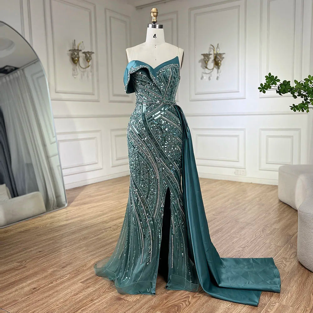 Vestidos de noche de lujo con cuentas turquesas árabes 2025, elegantes, de un solo hombro, para mujer, vestidos de fiesta de bodas LA72335 
