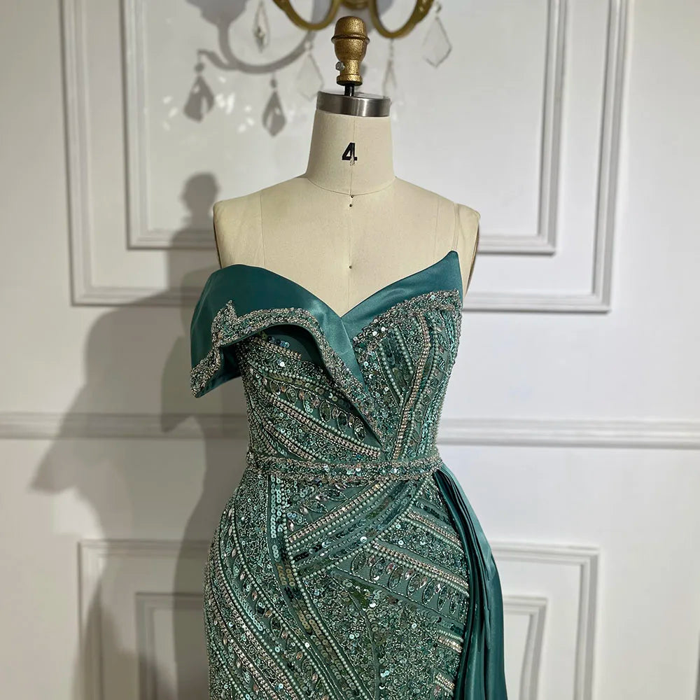 Vestidos de noche de lujo con cuentas turquesas árabes 2025, elegantes, de un solo hombro, para mujer, vestidos de fiesta de bodas LA72335 