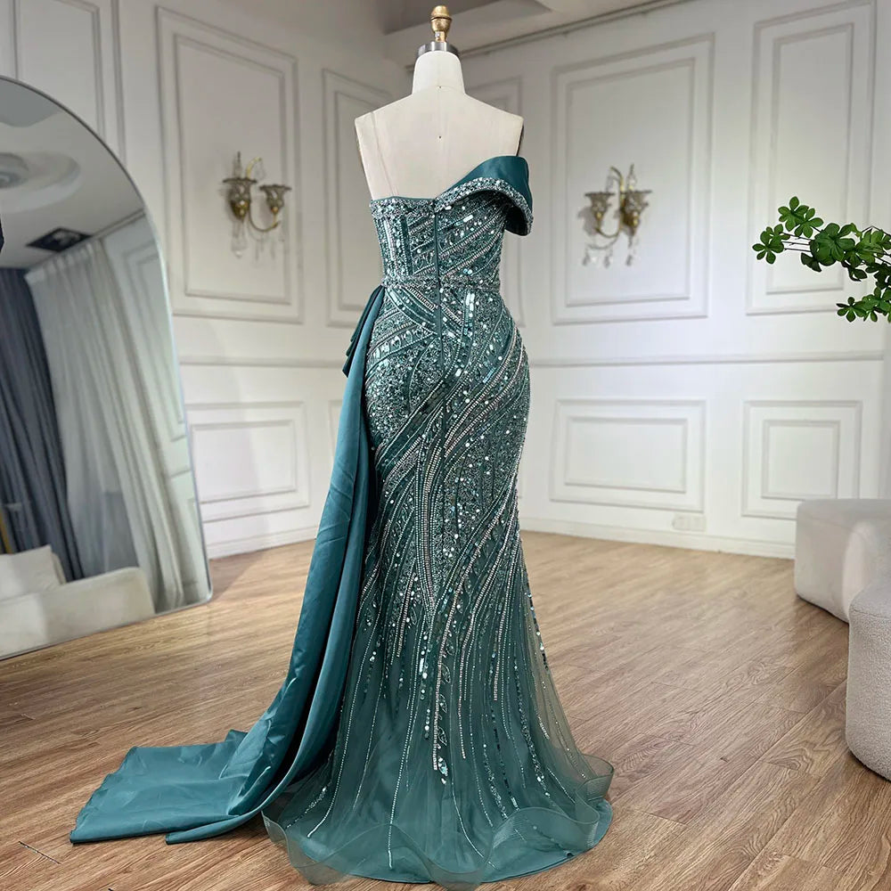 Vestidos de noche de lujo con cuentas turquesas árabes 2025, elegantes, de un solo hombro, para mujer, vestidos de fiesta de bodas LA72335 