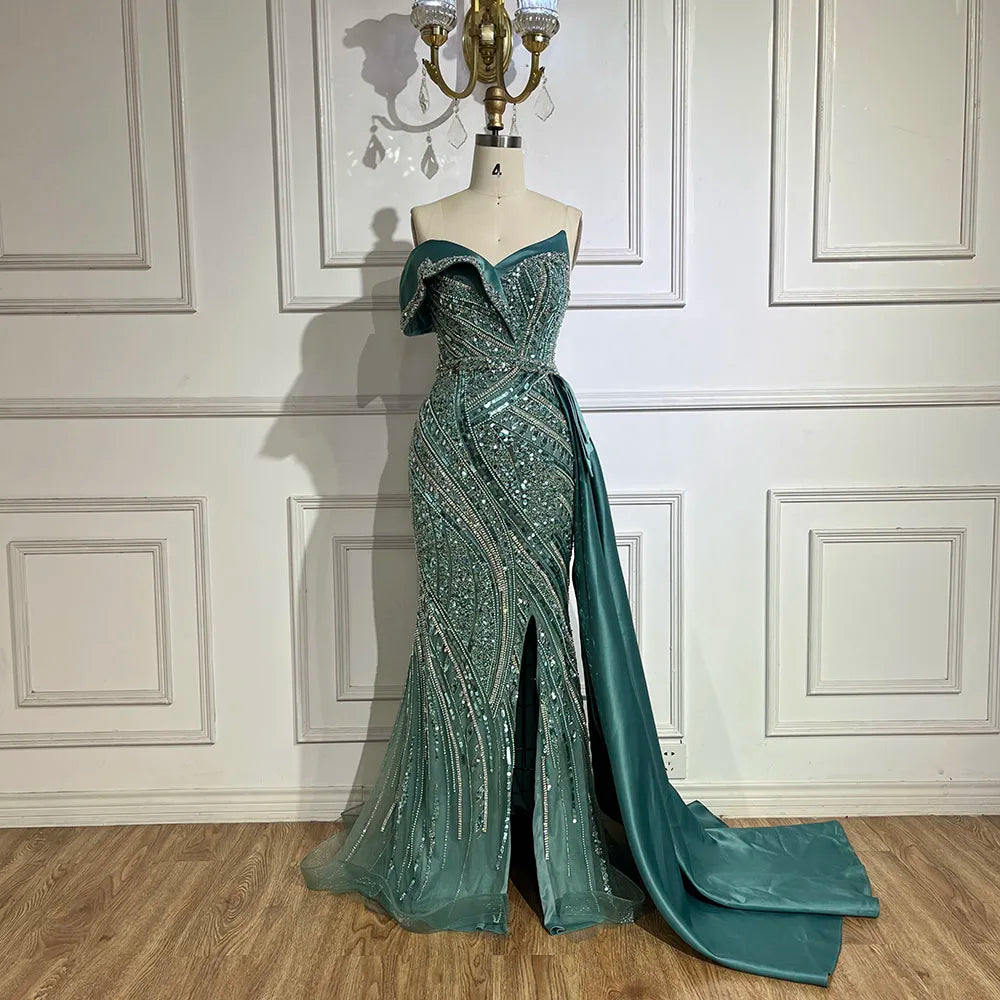 Vestidos de noche de lujo con cuentas turquesas árabes 2025, elegantes, de un solo hombro, para mujer, vestidos de fiesta de bodas LA72335 