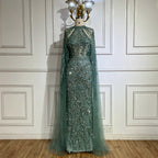 Vestido de noche de lujo estilo sirena con mangas capa color turquesa árabe, con cuentas, estilo Dubai, para mujer, ideal para bodas y fiestas (LA72652) 