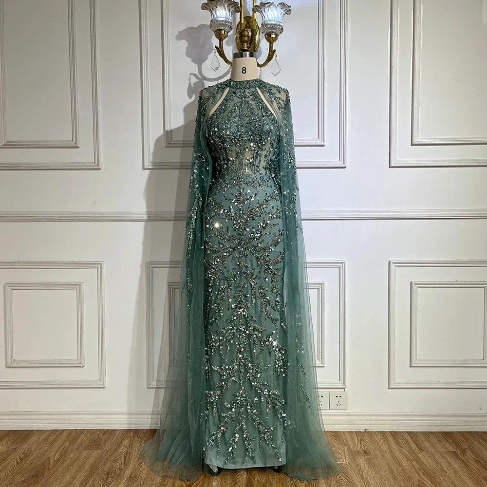 Vestido de noche de lujo estilo sirena con mangas capa color turquesa árabe, con cuentas, estilo Dubai, para mujer, ideal para bodas y fiestas (LA72652) 