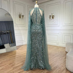 Vestido de noche de lujo estilo sirena con mangas capa color turquesa árabe, con cuentas, estilo Dubai, para mujer, ideal para bodas y fiestas (LA72652) 