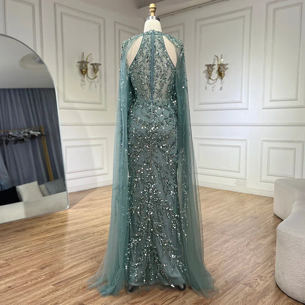 Vestido de noche de lujo estilo sirena con mangas capa color turquesa árabe, con cuentas, estilo Dubai, para mujer, ideal para bodas y fiestas (LA72652) 