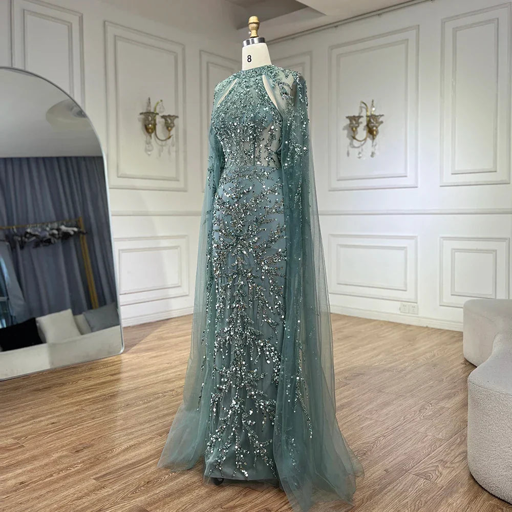 Vestido de noche de lujo estilo sirena con mangas capa color turquesa árabe, con cuentas, estilo Dubai, para mujer, ideal para bodas y fiestas (LA72652) 