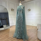 Vestido de noche de lujo estilo sirena con mangas capa color turquesa árabe, con cuentas, estilo Dubai, para mujer, ideal para bodas y fiestas (LA72652) 