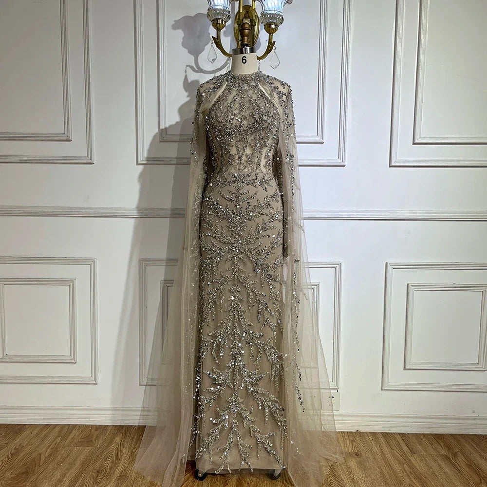 Vestido de noche de lujo estilo sirena con mangas capa color turquesa árabe, con cuentas, estilo Dubai, para mujer, ideal para bodas y fiestas (LA72652) 