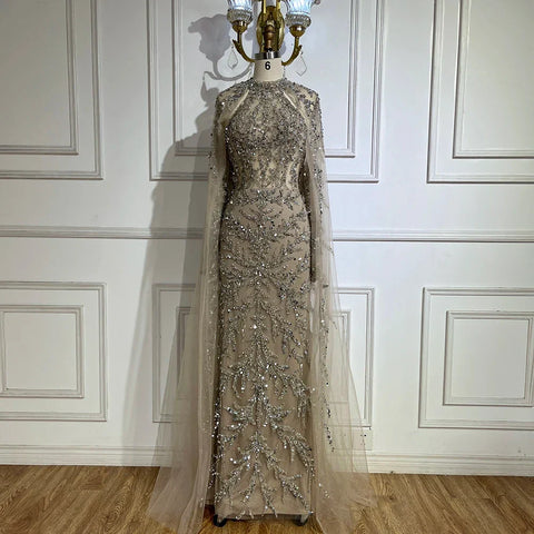 Vestido de noche de lujo estilo sirena con mangas capa color turquesa árabe, con cuentas, estilo Dubai, para mujer, ideal para bodas y fiestas (LA72652) 