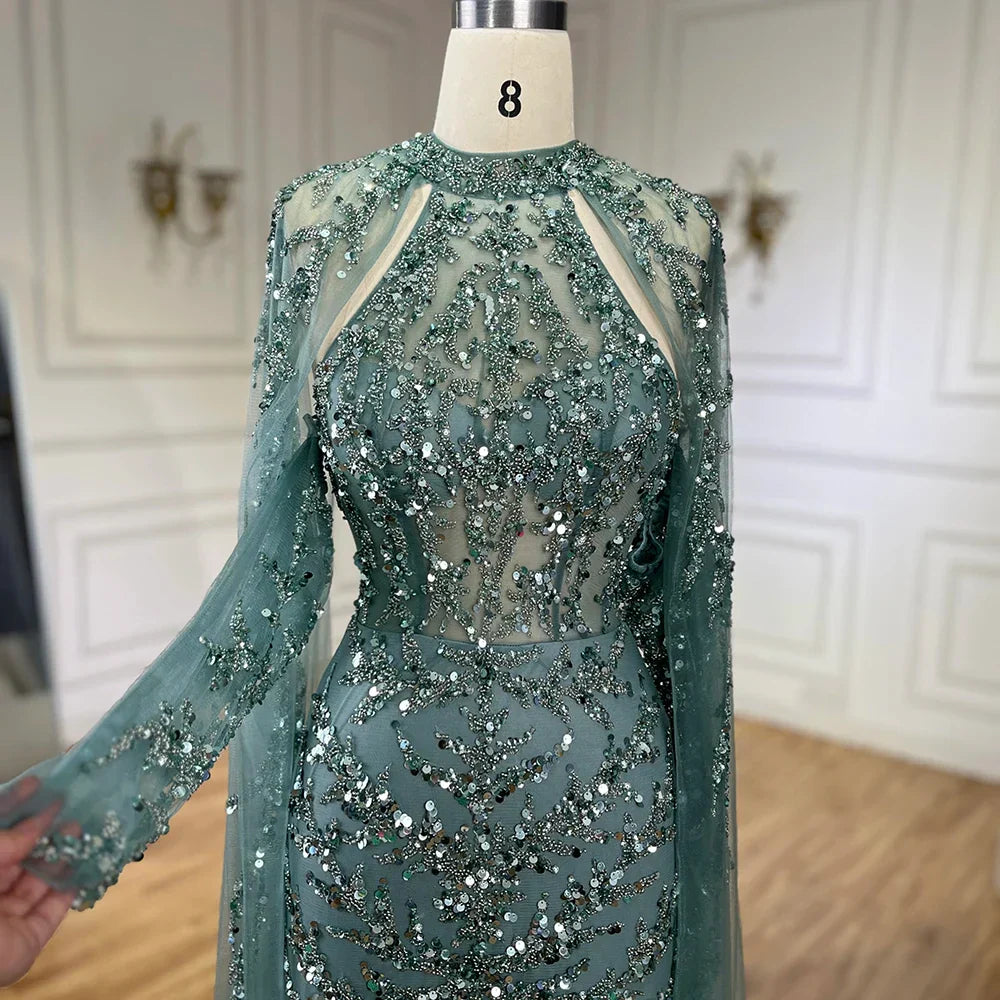 Vestido de noche de lujo estilo sirena con mangas capa color turquesa árabe, con cuentas, estilo Dubai, para mujer, ideal para bodas y fiestas (LA72652) 