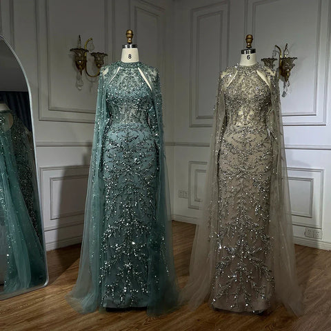 Vestido de noche de lujo estilo sirena con mangas capa color turquesa árabe, con cuentas, estilo Dubai, para mujer, ideal para bodas y fiestas (LA72652) 