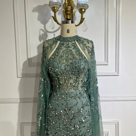 Vestido de noche de lujo estilo sirena con mangas capa color turquesa árabe, con cuentas, estilo Dubai, para mujer, ideal para bodas y fiestas (LA72652) 