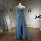Vestidos de noche largos de lujo estilo sirena, turquesa árabe, con abertura y cuentas, para mujer, estilo Dubai, ideales para bodas y fiestas (LA72448) 