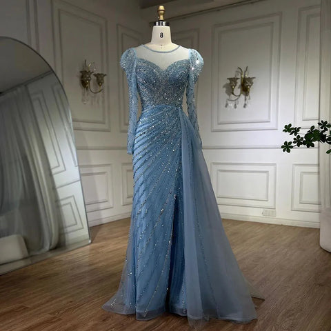 Vestidos de noche largos de lujo estilo sirena, turquesa árabe, con abertura y cuentas, para mujer, estilo Dubai, ideales para bodas y fiestas (LA72448) 