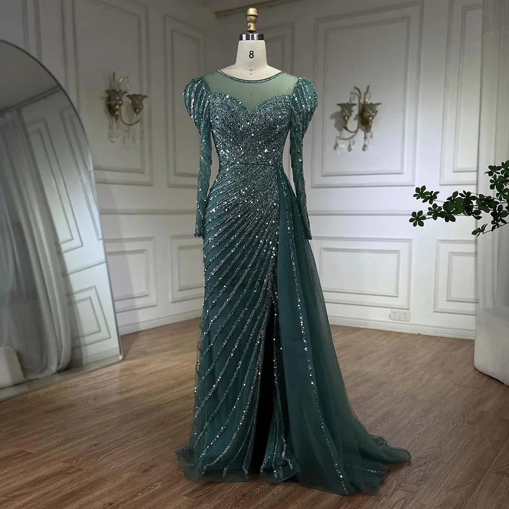 Vestidos de noche largos de lujo estilo sirena, turquesa árabe, con abertura y cuentas, para mujer, estilo Dubai, ideales para bodas y fiestas (LA72448) 