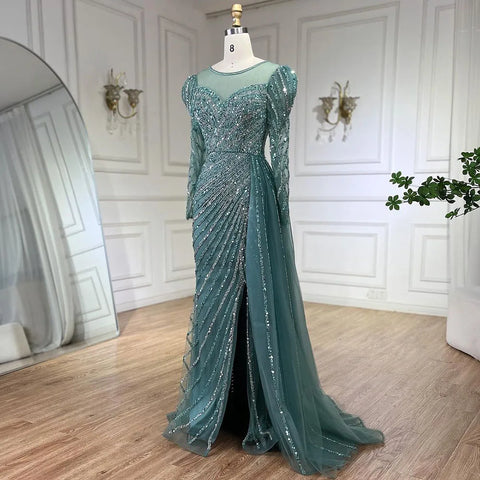 Vestidos de noche largos de lujo estilo sirena, turquesa árabe, con abertura y cuentas, para mujer, estilo Dubai, ideales para bodas y fiestas (LA72448) 