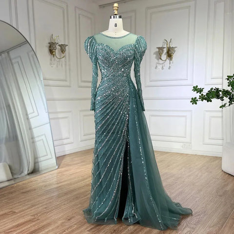 Vestidos de noche largos de lujo estilo sirena, turquesa árabe, con abertura y cuentas, para mujer, estilo Dubai, ideales para bodas y fiestas (LA72448) 