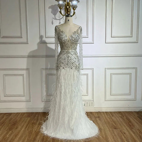 Robe de soirée sirène blanche de luxe à Dubaï, avec plumes et perles, pour femme, LA72646, 2025 