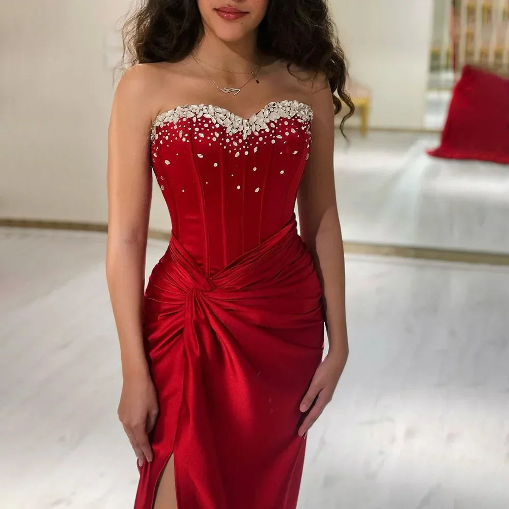 Vestido de noche de lujo estilo sirena, sin tirantes, con cuentas, color rojo vino árabe, modelo LA72673, ideal para fiestas femeninas. 