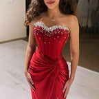 Vestido de noche de lujo estilo sirena, sin tirantes, con cuentas, color rojo vino árabe, modelo LA72673, ideal para fiestas femeninas. 