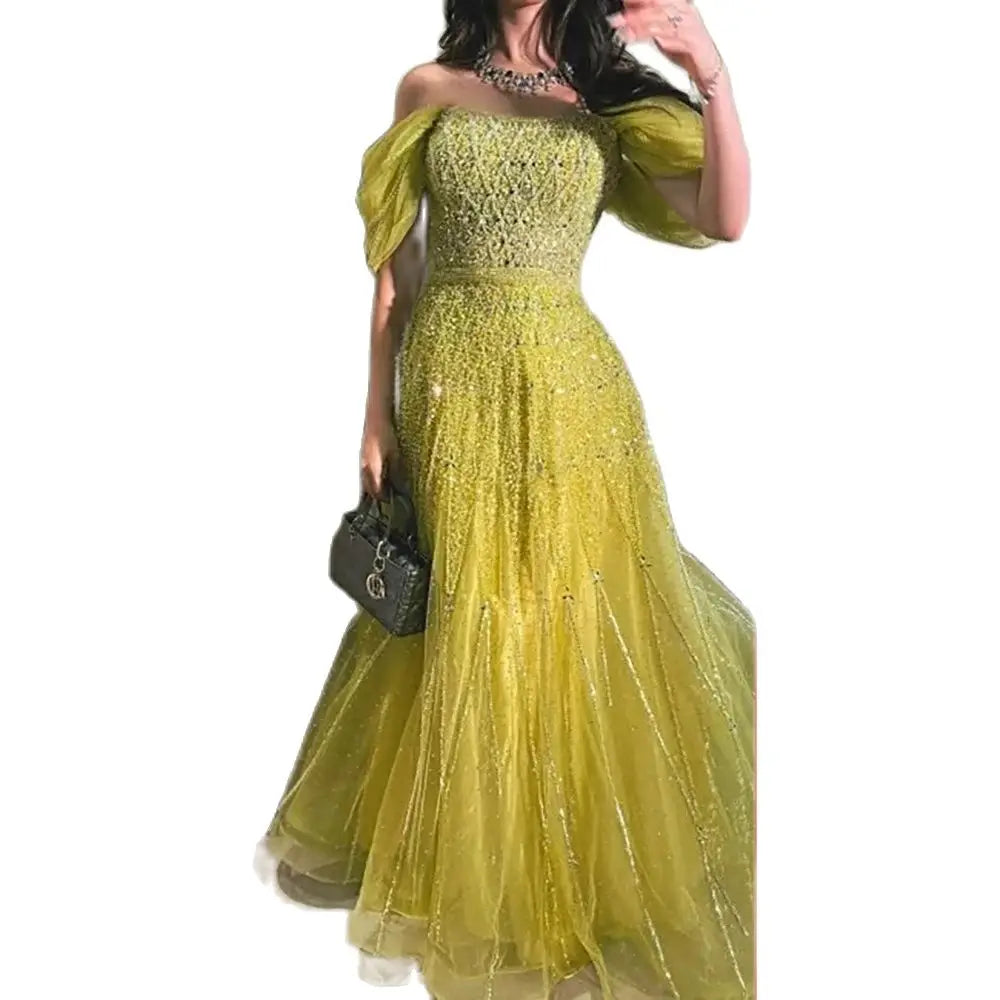 Vestido de noche de lujo de Dubái, corte en A, elegante, con cuello barco, amarillo árabe, 2025, para fiesta de mujer LA72661