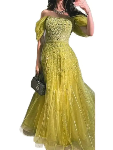 Vestido de noche de lujo de Dubái, corte en A, elegante, con cuello barco, amarillo árabe, 2025, para fiesta de mujer LA72661
