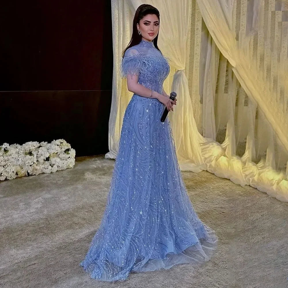 Vestido de noche corto de lujo sin mangas, corte A, azul árabe, con cuentas y plumas, ideal para bodas y fiestas (LA72351) 
