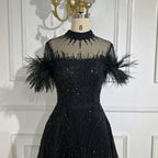 Vestido de noche corto de lujo sin mangas, corte A, azul árabe, con cuentas y plumas, ideal para bodas y fiestas (LA72351) 