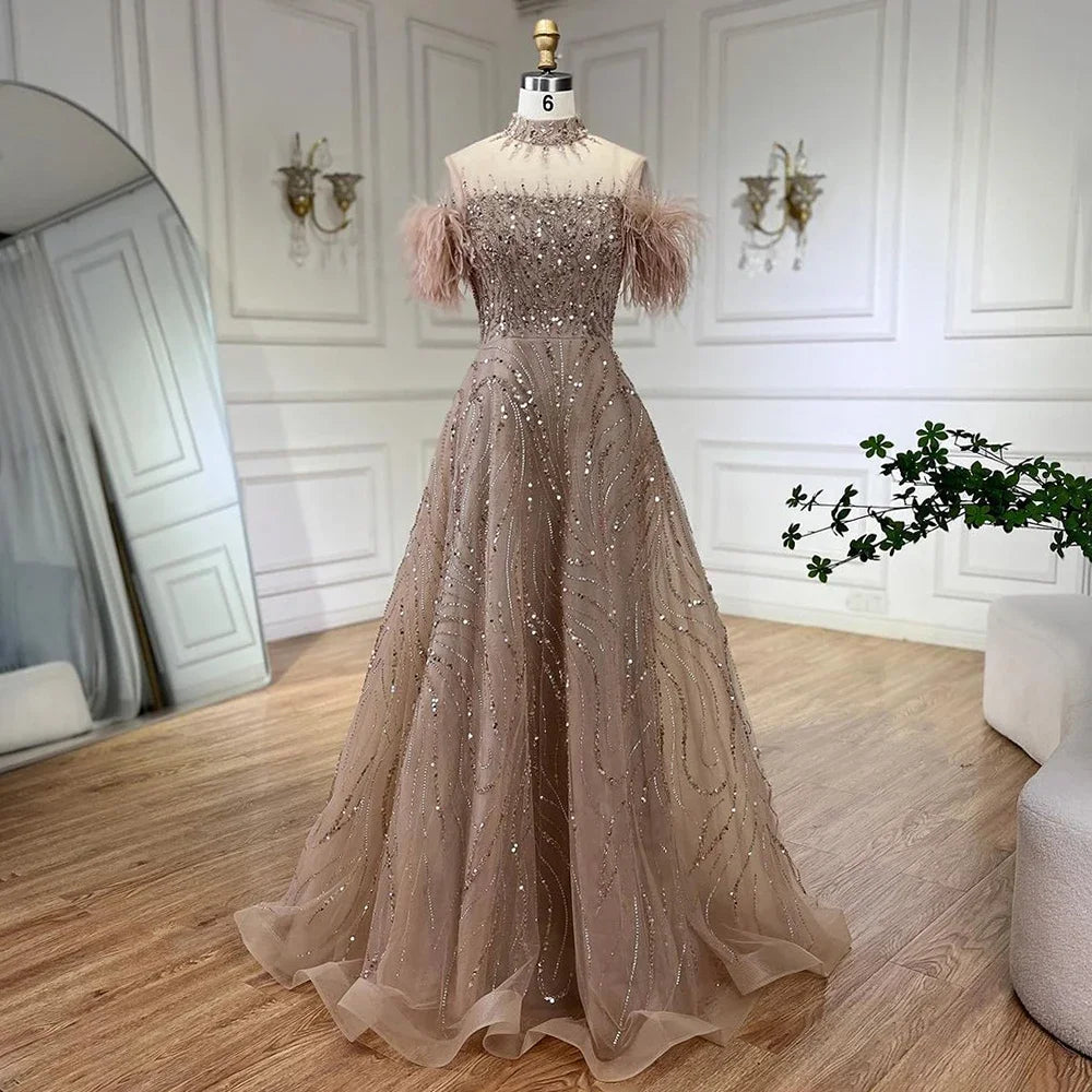 Vestido de noche corto de lujo sin mangas, corte A, azul árabe, con cuentas y plumas, ideal para bodas y fiestas (LA72351) 