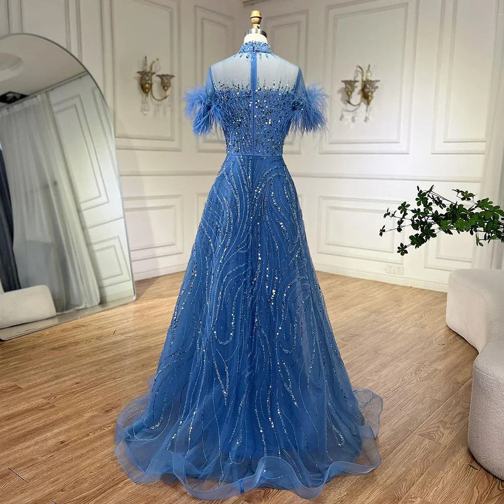 Vestido de noche corto de lujo sin mangas, corte A, azul árabe, con cuentas y plumas, ideal para bodas y fiestas (LA72351) 