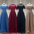 Vestido de noche corto de lujo sin mangas, corte A, azul árabe, con cuentas y plumas, ideal para bodas y fiestas (LA72351) 