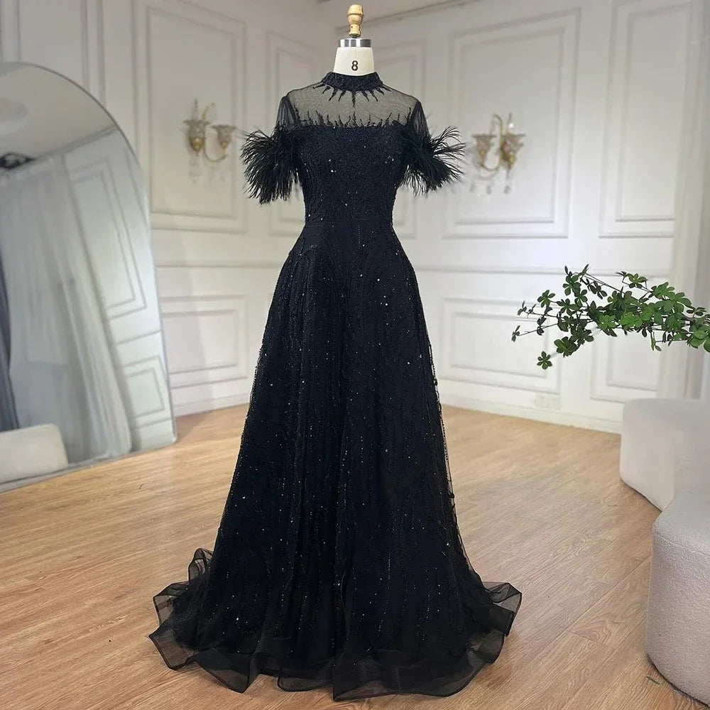 Vestido de noche corto de lujo sin mangas, corte A, azul árabe, con cuentas y plumas, ideal para bodas y fiestas (LA72351) 
