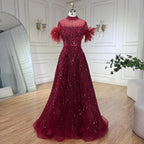 Vestido de noche corto de lujo sin mangas, corte A, azul árabe, con cuentas y plumas, ideal para bodas y fiestas (LA72351) 