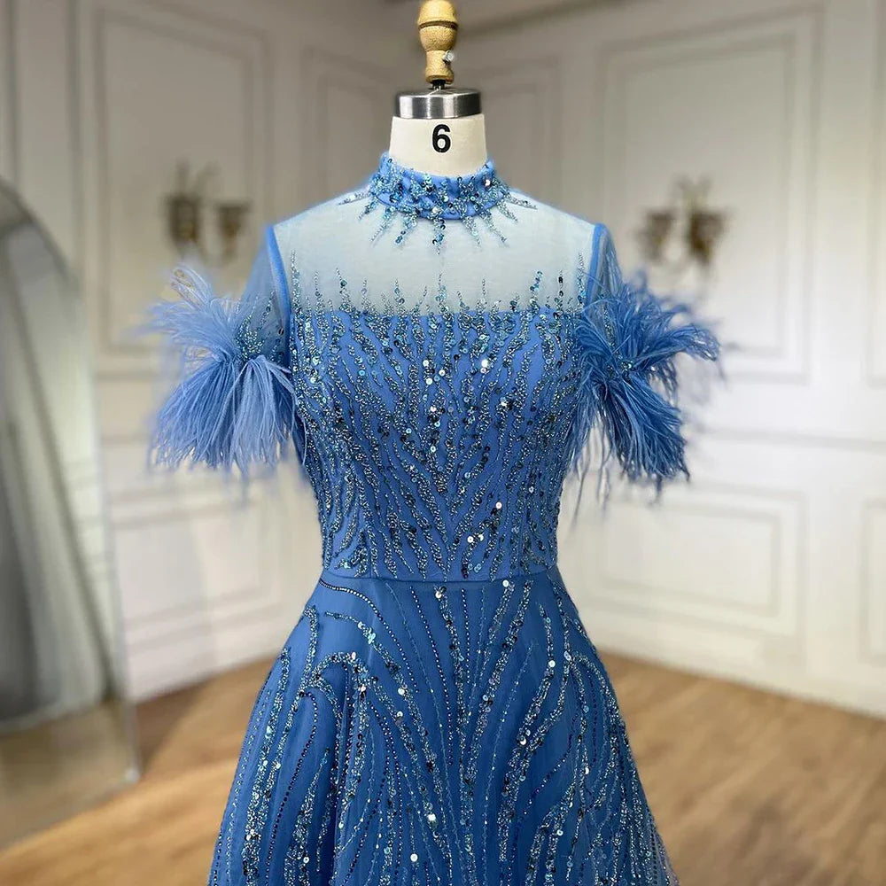 Vestido de noche corto de lujo sin mangas, corte A, azul árabe, con cuentas y plumas, ideal para bodas y fiestas (LA72351) 