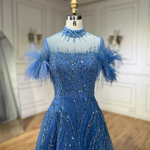 Robe de soirée courte sans manches, style arabe, bleu, coupe trapèze, avec perles et plumes, pour femme, tenue de mariage, LA72351, 2025 